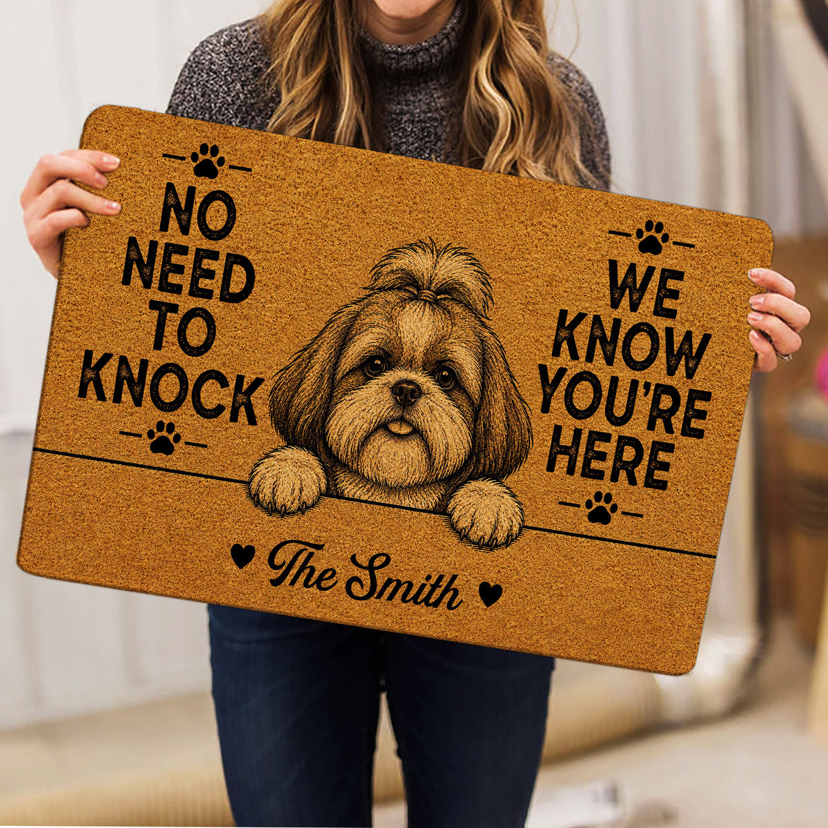 Person holding a brown Shih Tzu doormat featuring a dog portrait, paw prints and bold lettering