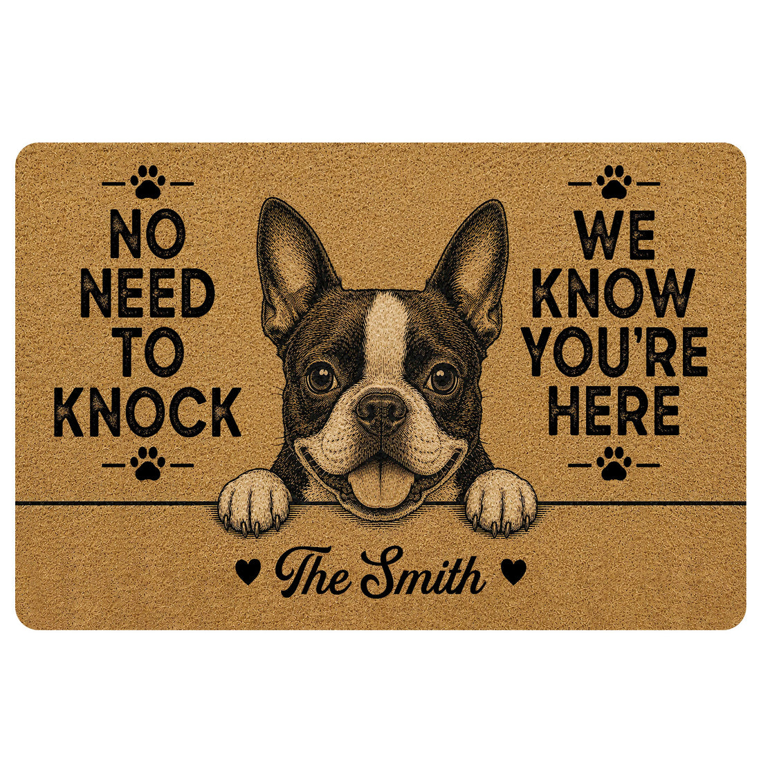 Boston Terrier doormat with paw prints, bold welcome message, tan background, and decorative entryway artwork