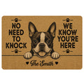 Boston Terrier doormat with paw prints, bold welcome message, tan background, and decorative entryway artwork