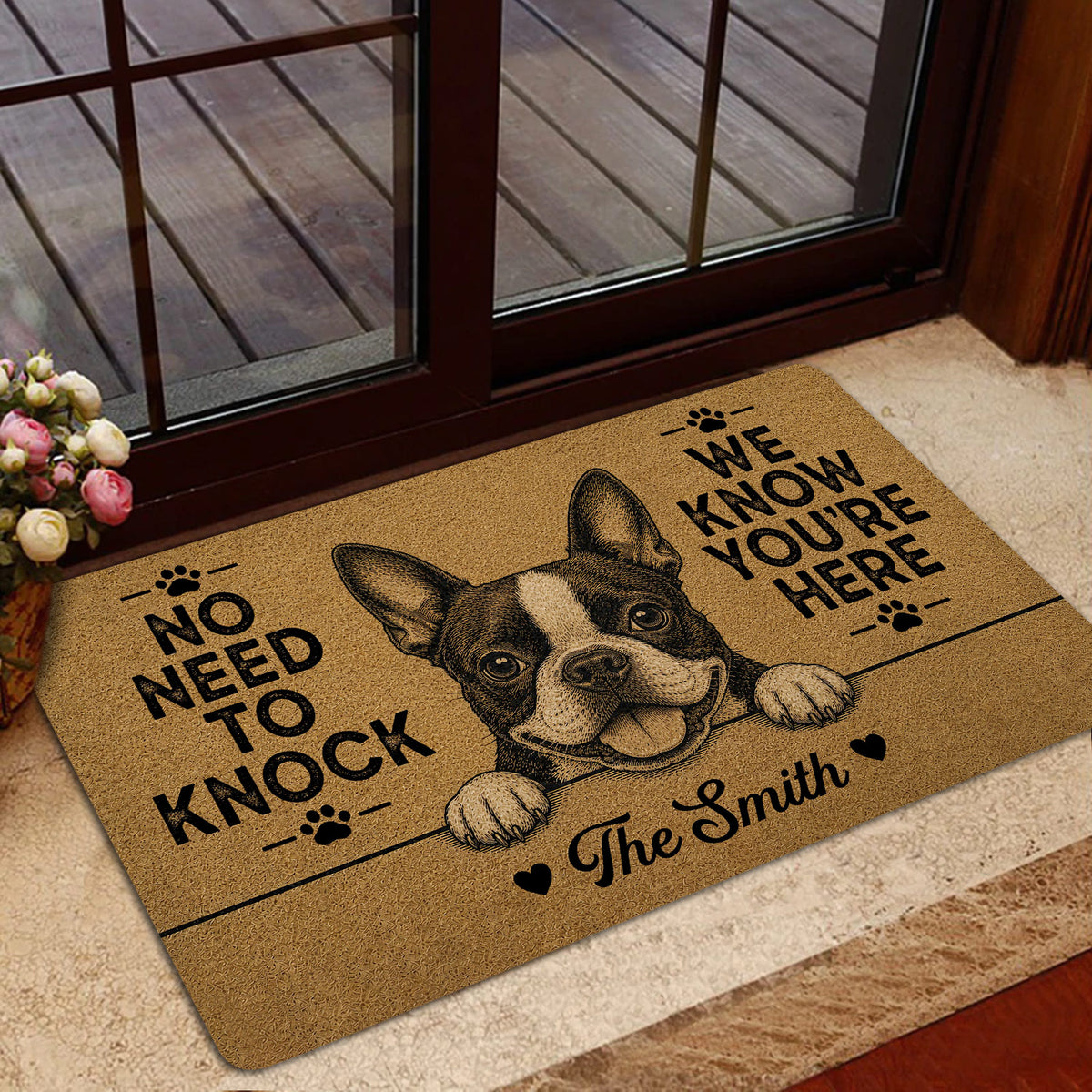 Boston Terrier doormat styled in a home entrance with glass doors, wood flooring, paw prints, and graphic lettering