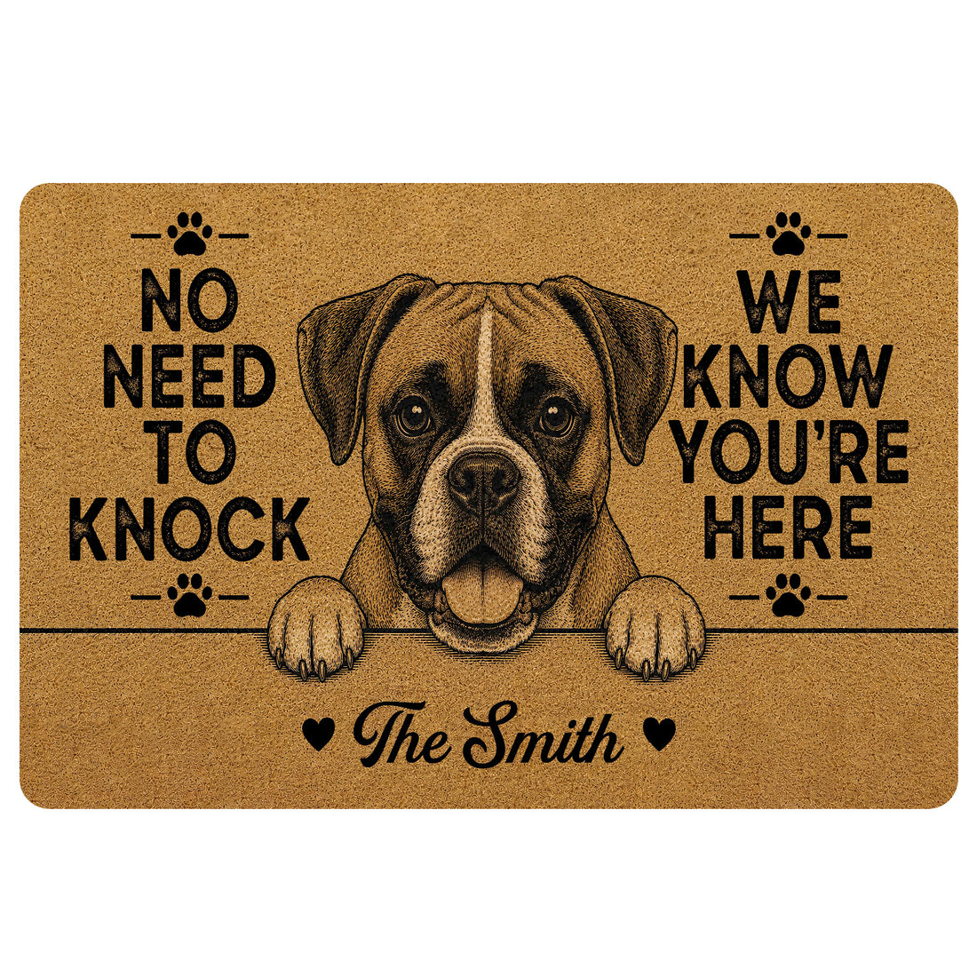 Tan Boxer dog doormat with black paw prints, playful welcome message, hearts and detailed line-art design
