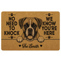 Tan Boxer dog doormat with black paw prints, playful welcome message, hearts and detailed line-art design