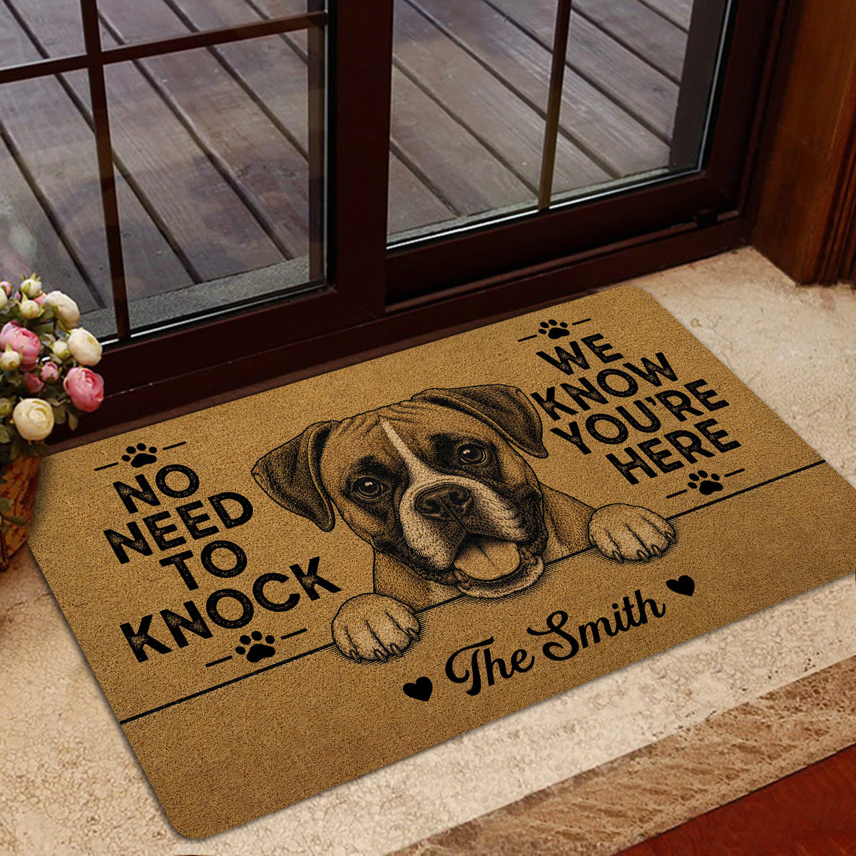 Boxer dog welcome mat styled near a glass entry door with warm home decor