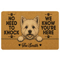 Westie doormat with a cheerful terrier portrait, paw prints, and a playful no-knock welcome message