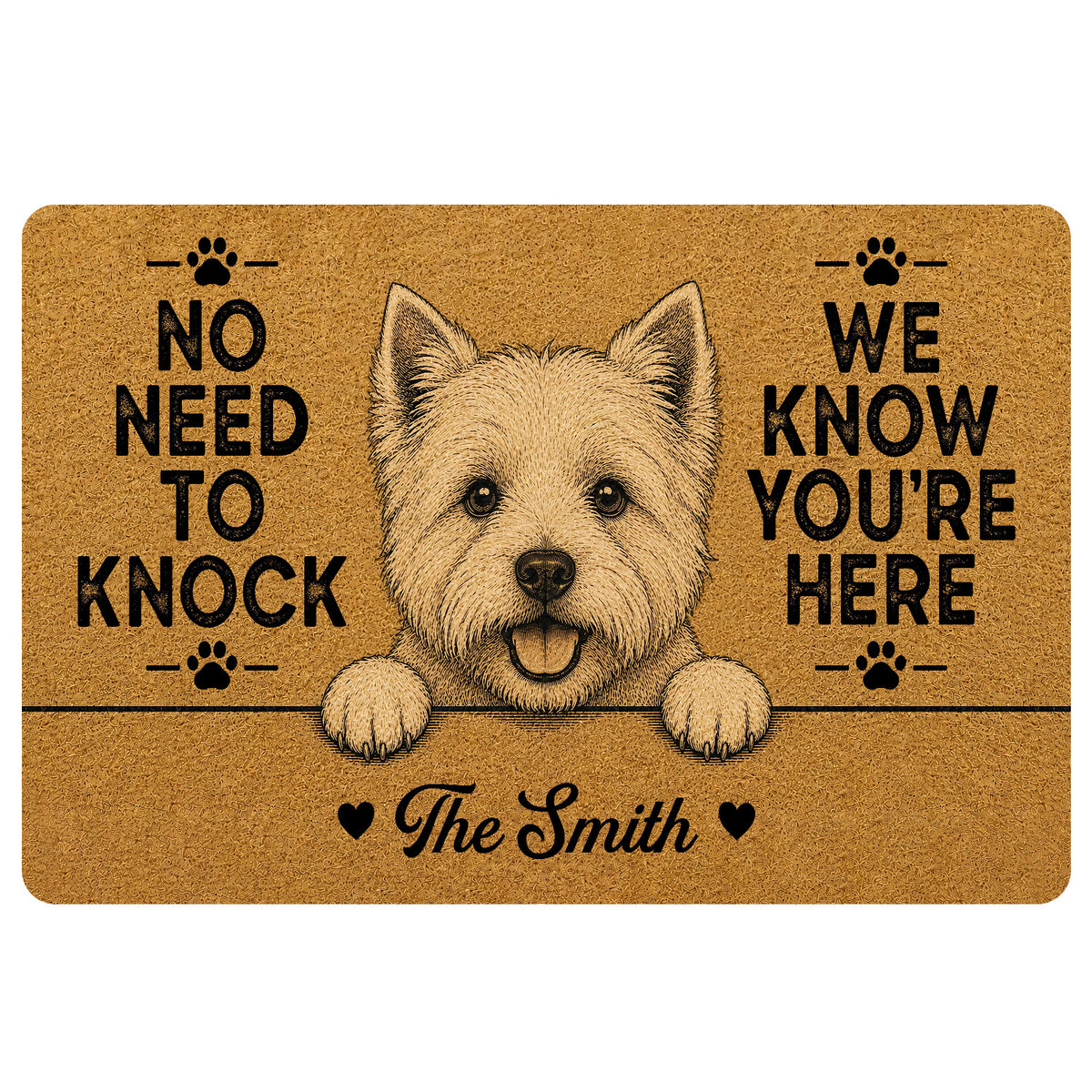 Westie doormat with a cheerful terrier portrait, paw prints, and a playful no-knock welcome message