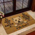 Westie welcome mat styled at a glass door with a cheerful terrier portrait and warm tan artwork