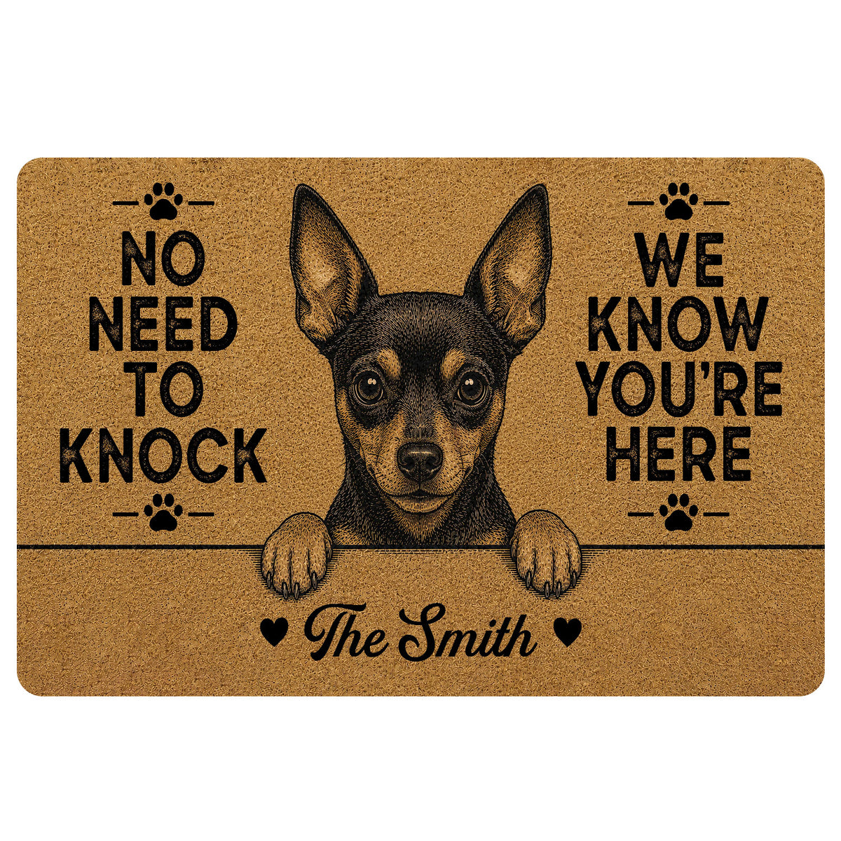Black and tan Miniature Pinscher doormat with paw prints, bold welcome message, and warm brown artwork