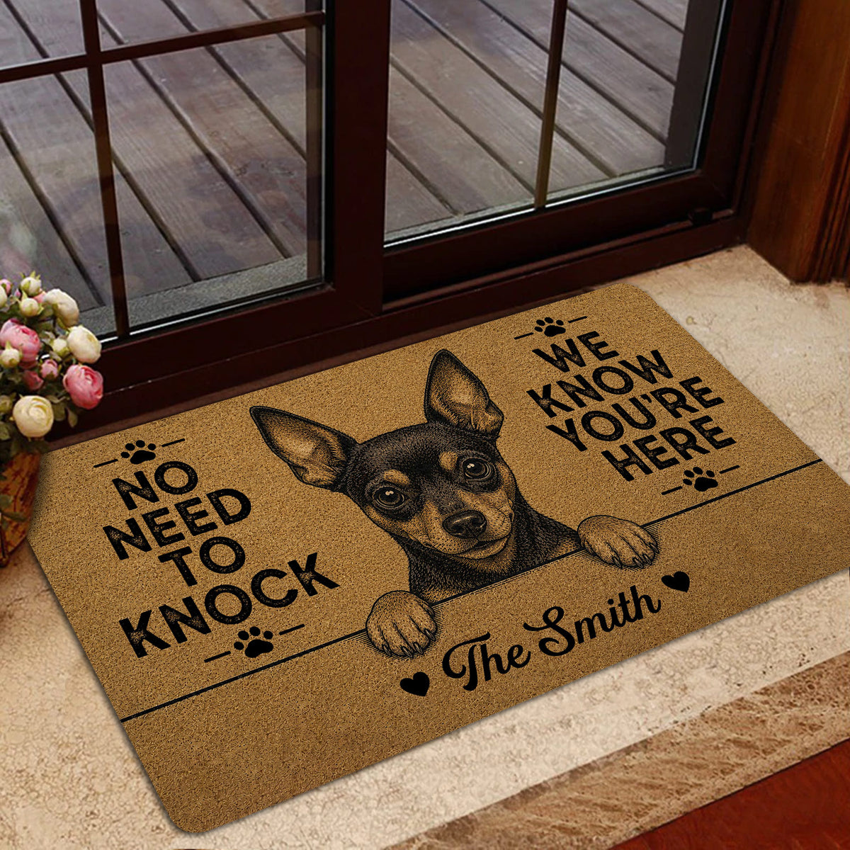 Miniature Pinscher doormat shown near a glass door in a welcoming home entryway