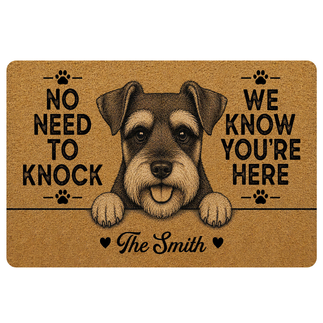Tan Miniature Schnauzer doormat with a detailed bearded dog portrait, paw prints, hearts and bold welcome lettering