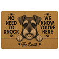 Tan Miniature Schnauzer doormat with a detailed bearded dog portrait, paw prints, hearts and bold welcome lettering