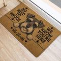 Miniature Schnauzer entryway rug shown beside a doorway with a humorous welcome design
