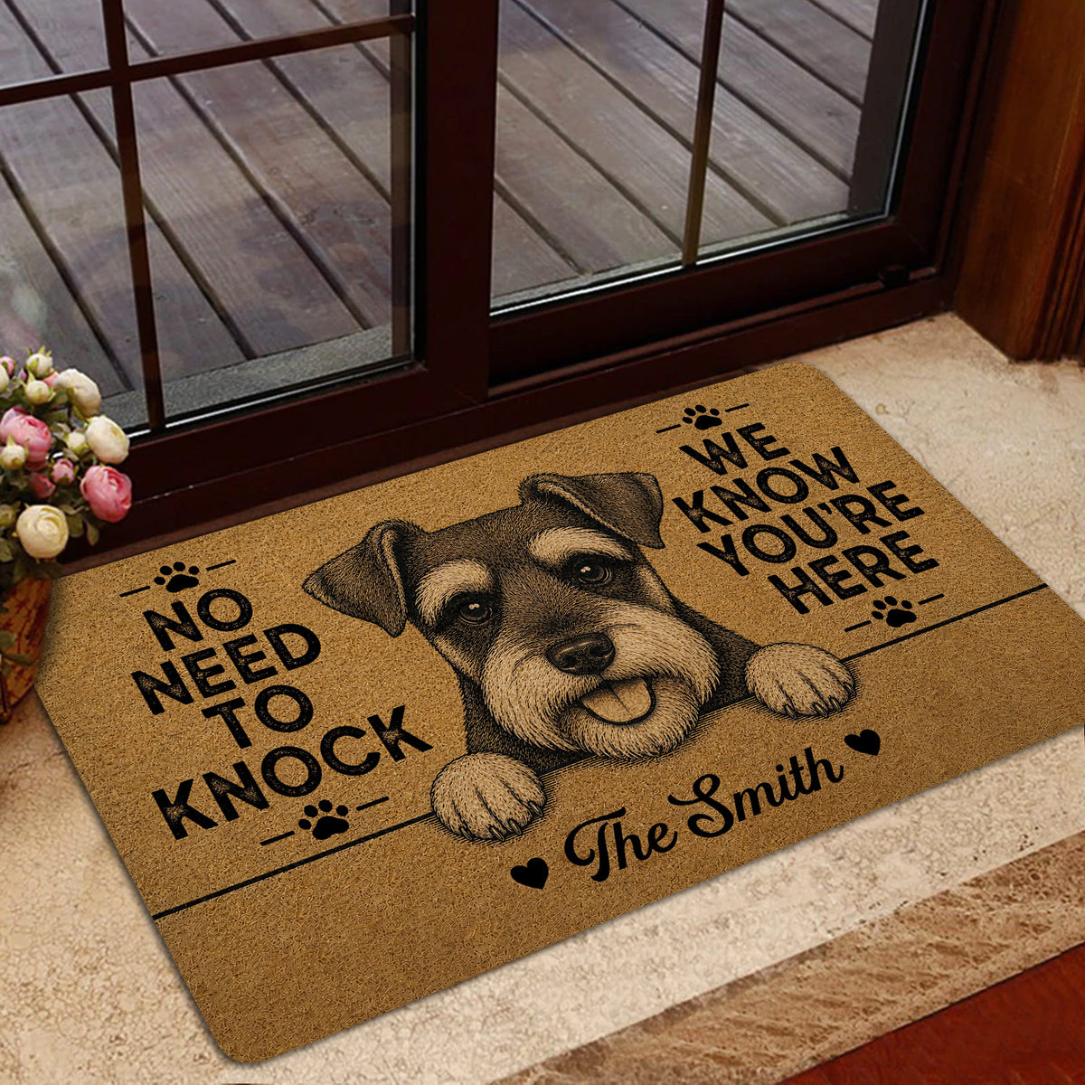 Miniature Schnauzer door mat styled inside a glass doorway with a dog portrait and bold black lettering