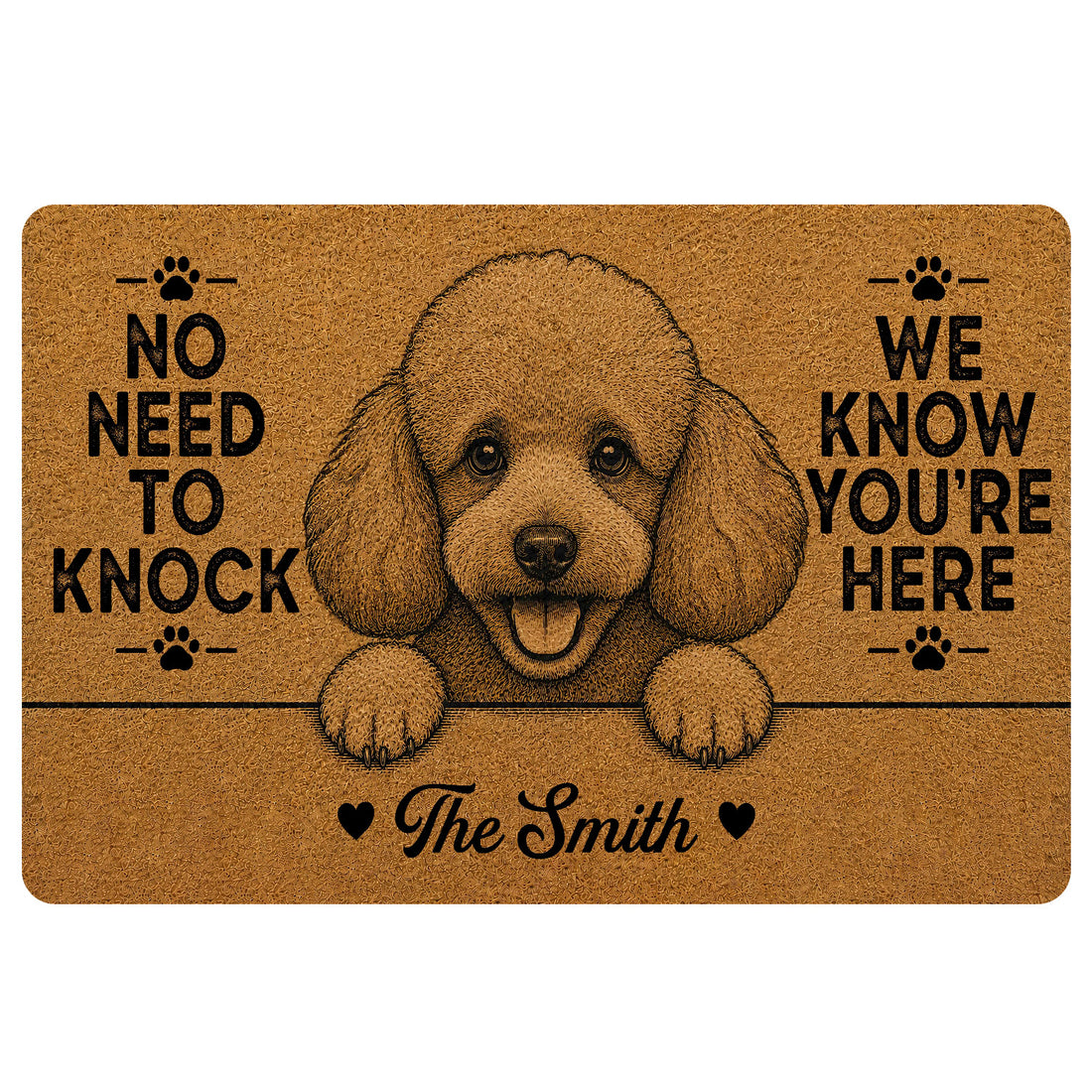 Brown poodle doormat with paw prints, playful welcome message, heart accents and family-style personalization area