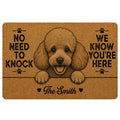 Brown poodle doormat with paw prints, playful welcome message, heart accents and family-style personalization area