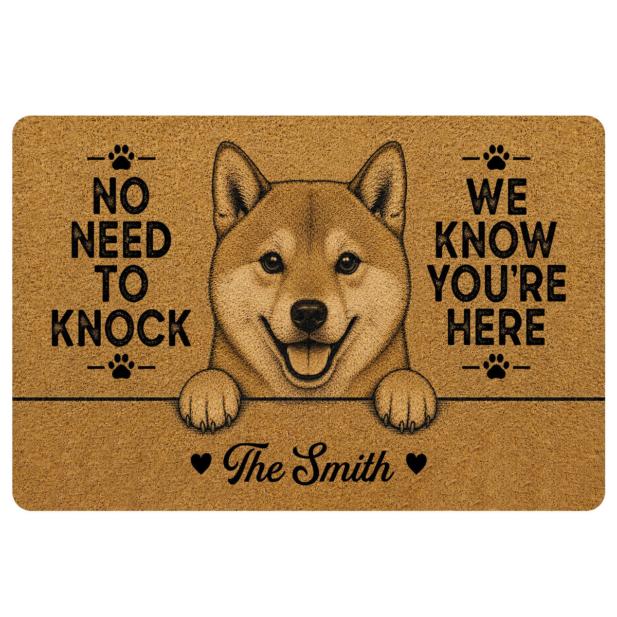 Shiba Inu doormat with a smiling dog illustration, paw prints, welcome message and warm tan artwork