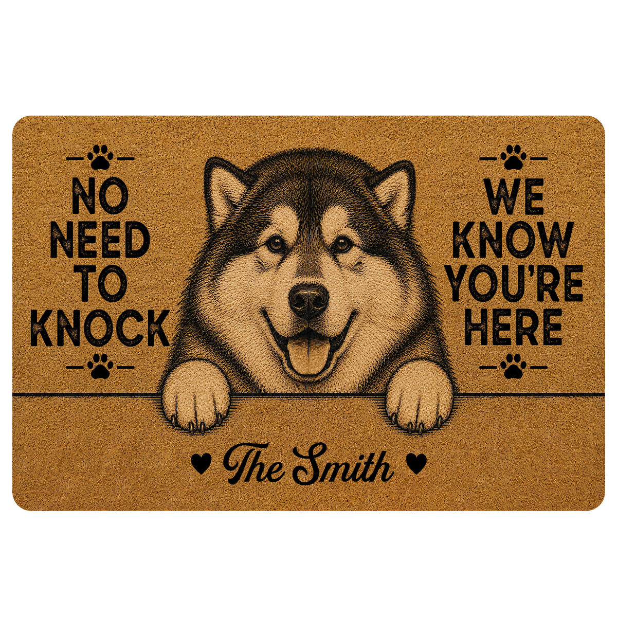 Alaskan Malamute doormat with paw prints, warm brown artwork, and a playful welcome message