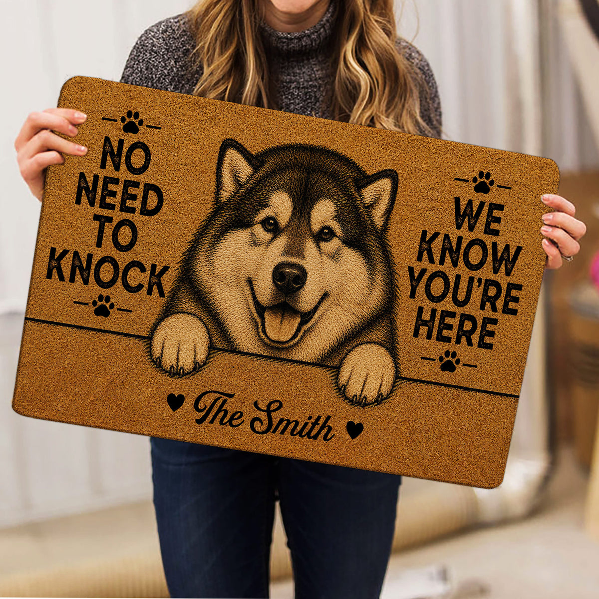Alaskan Malamute door mat held indoors, showing the detailed dog portrait and paw print design