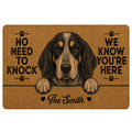 Bluetick Coonhound doormat artwork with a black and tan dog portrait, paw prints, and warm brown background