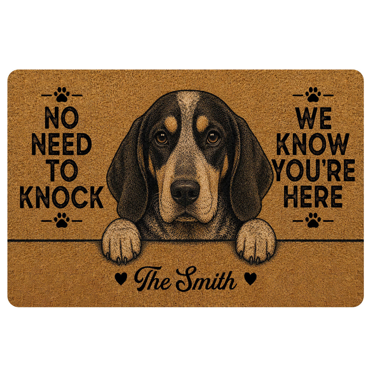 Bluetick Coonhound doormat artwork with a black and tan dog portrait, paw prints, and warm brown background