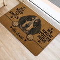 Bluetick Coonhound door mat shown at an indoor entrance with a detailed dog portrait and paw prints