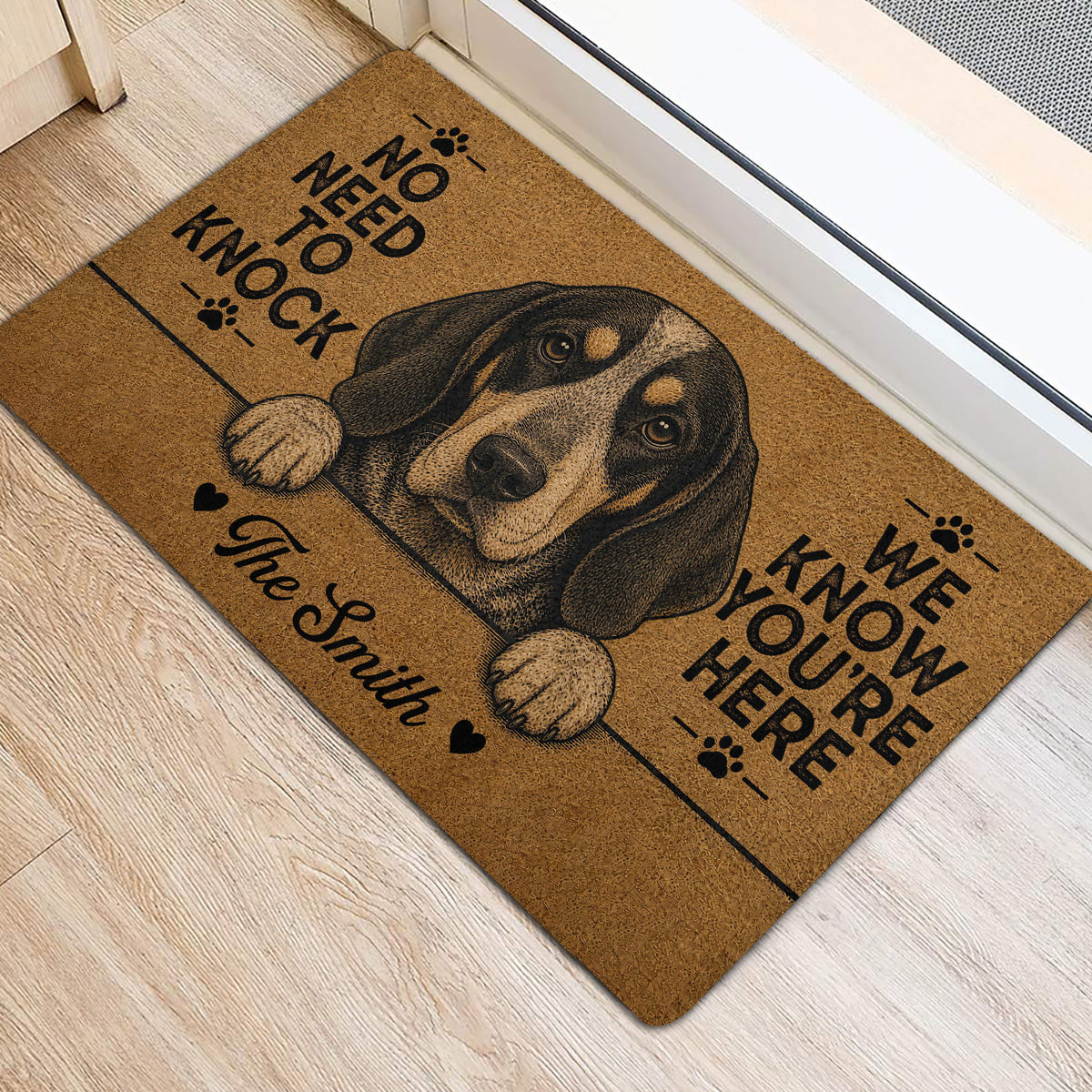 Bluetick Coonhound door mat shown at an indoor entrance with a detailed dog portrait and paw prints