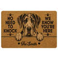 Brown Great Dane doormat with detailed dog portrait, paw prints, hearts, and playful welcome lettering