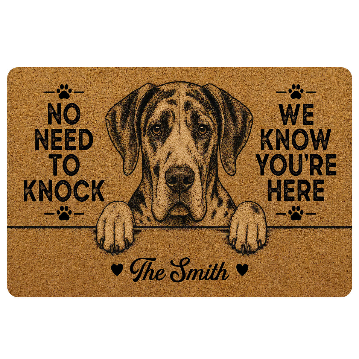 Brown Great Dane doormat with detailed dog portrait, paw prints, hearts, and playful welcome lettering