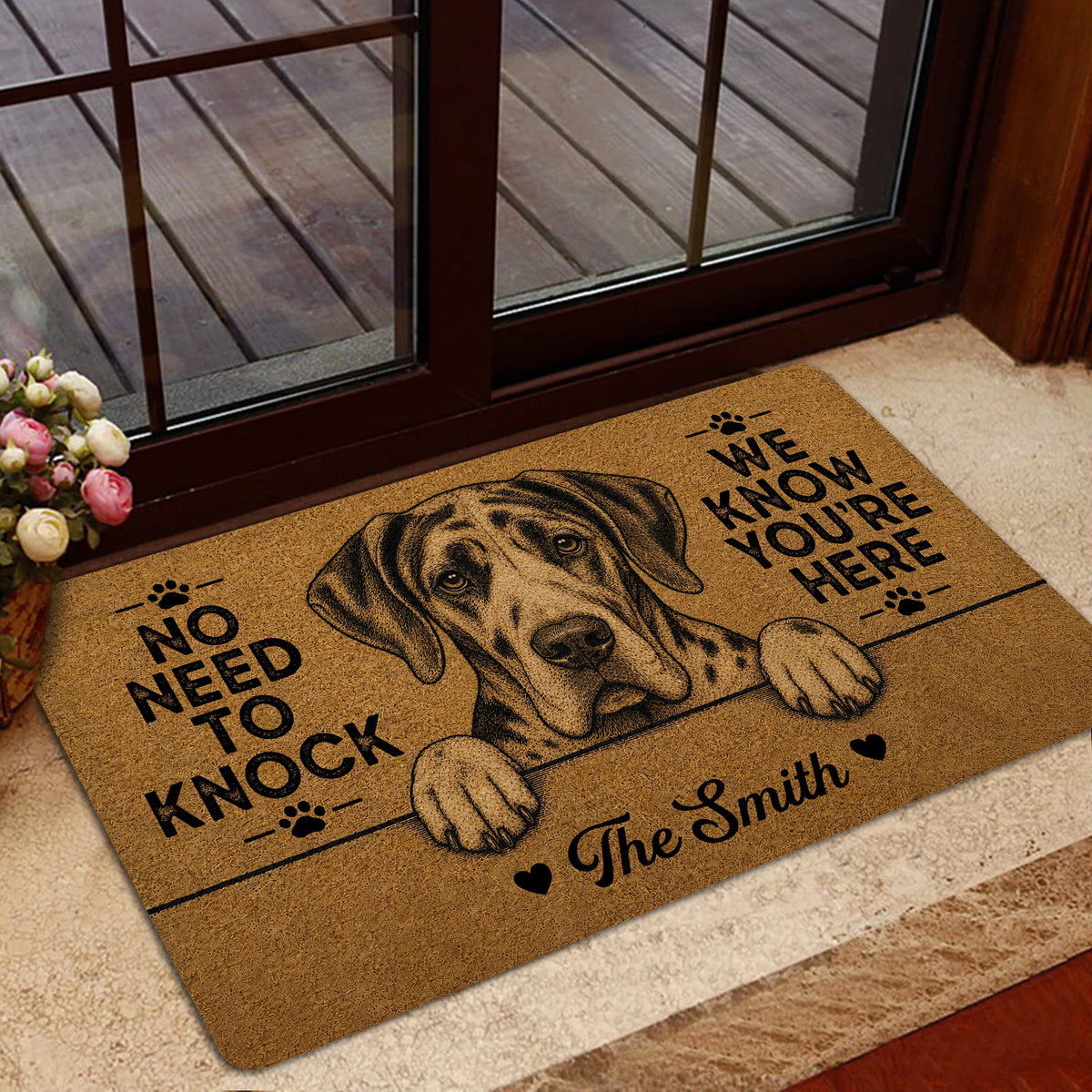 Great Dane welcome mat styled at a glass doorway with a detailed dog illustration