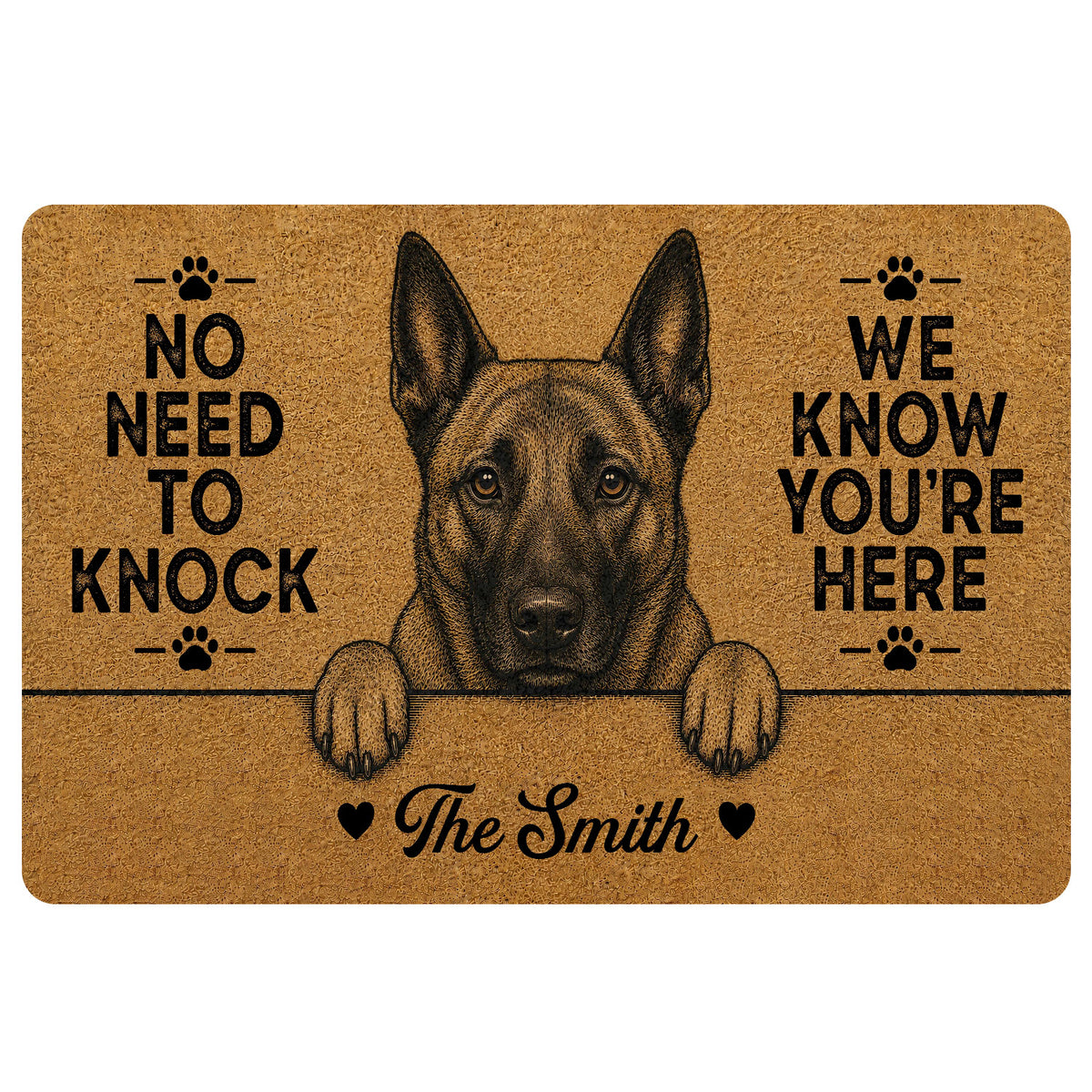 Dutch Shepherd doormat with paw prints, bold welcome message, and warm brown and black artwork
