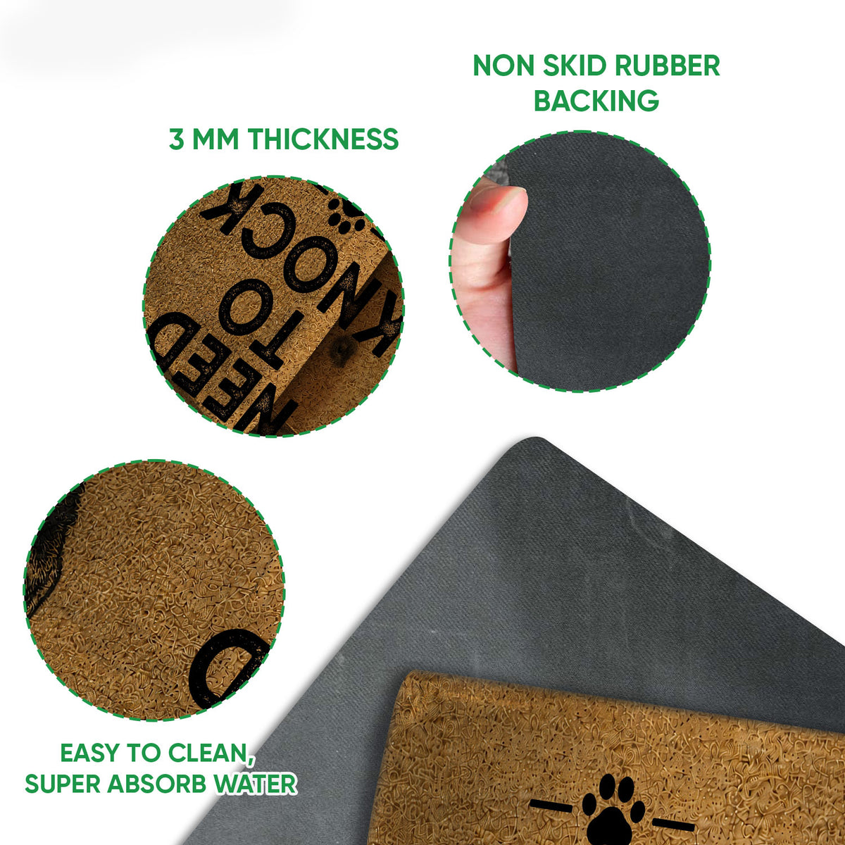 Close-up of Dutch Shepherd doormat surface and black rubber backing with feature callouts