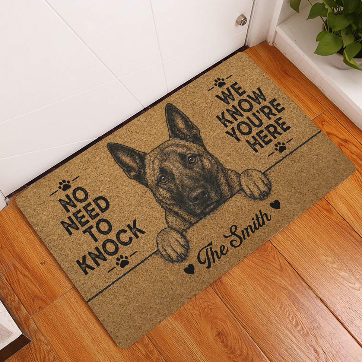 Dutch Shepherd entryway doormat displayed beside a white door on a warm wood floor