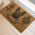 Dutch Shepherd door mat featuring a detailed dog portrait and bold black lettering