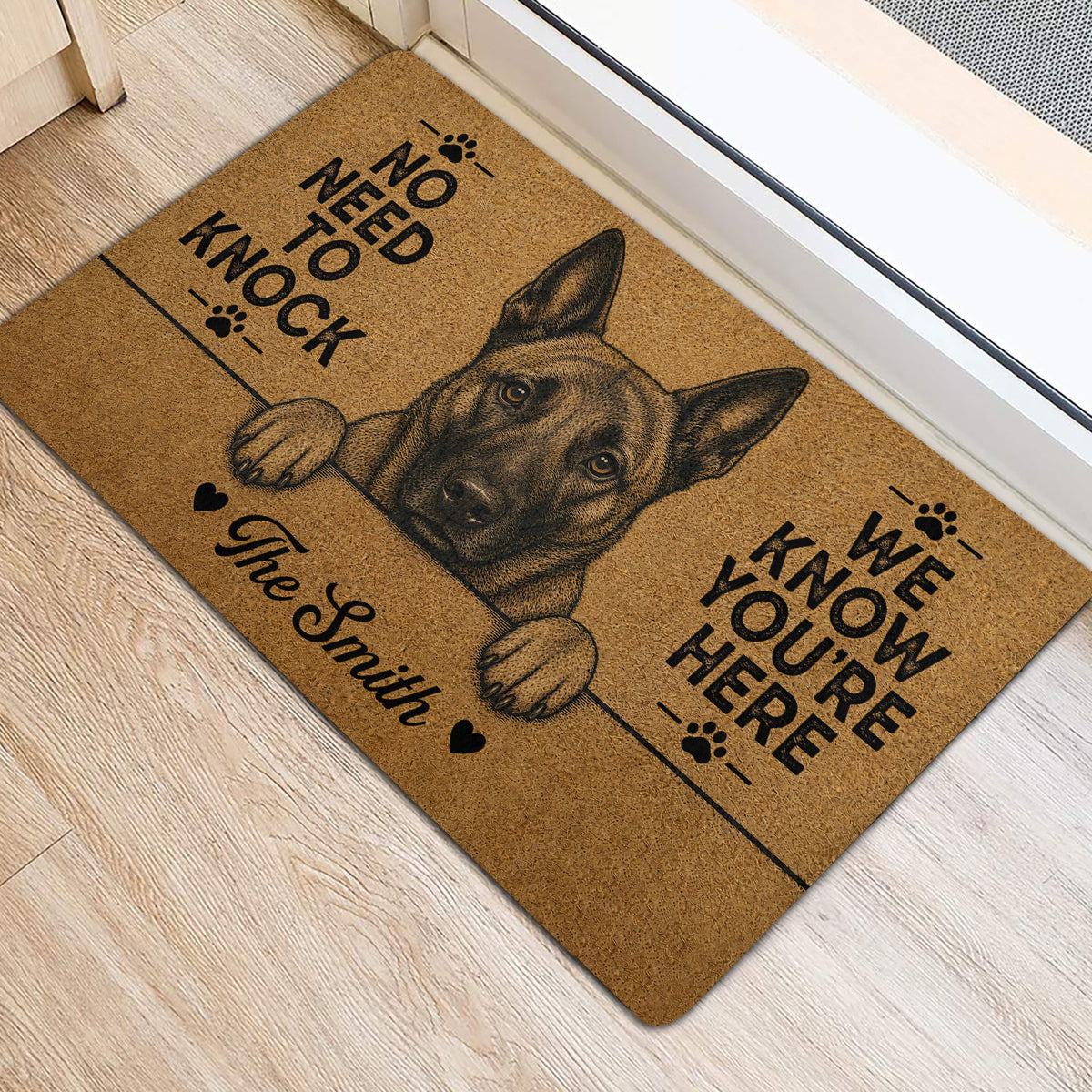 Dutch Shepherd door mat featuring a detailed dog portrait and bold black lettering