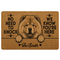 Brown Chow Chow doormat with paw prints, humorous welcome message and a family-style name design