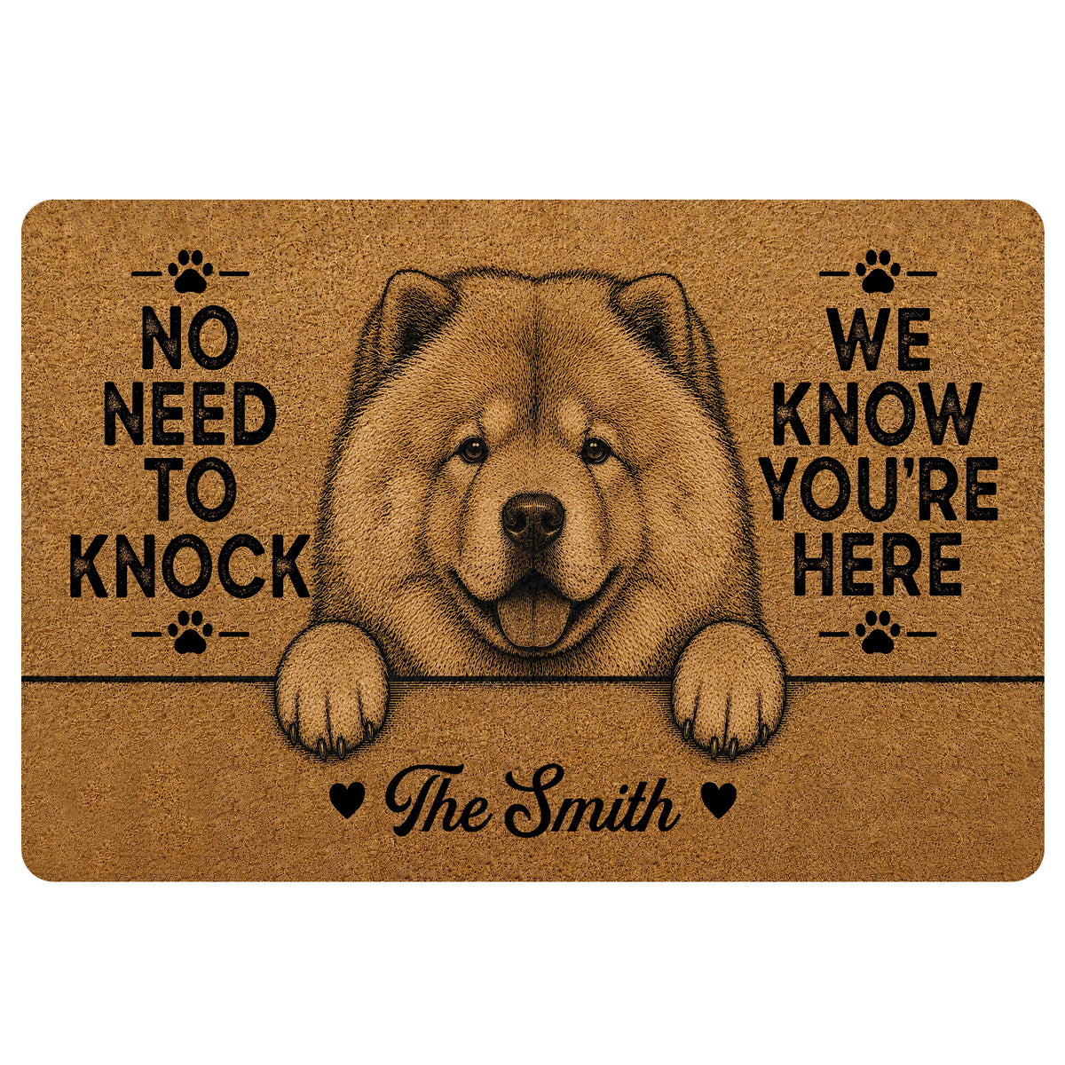Brown Chow Chow doormat with paw prints, humorous welcome message and a family-style name design