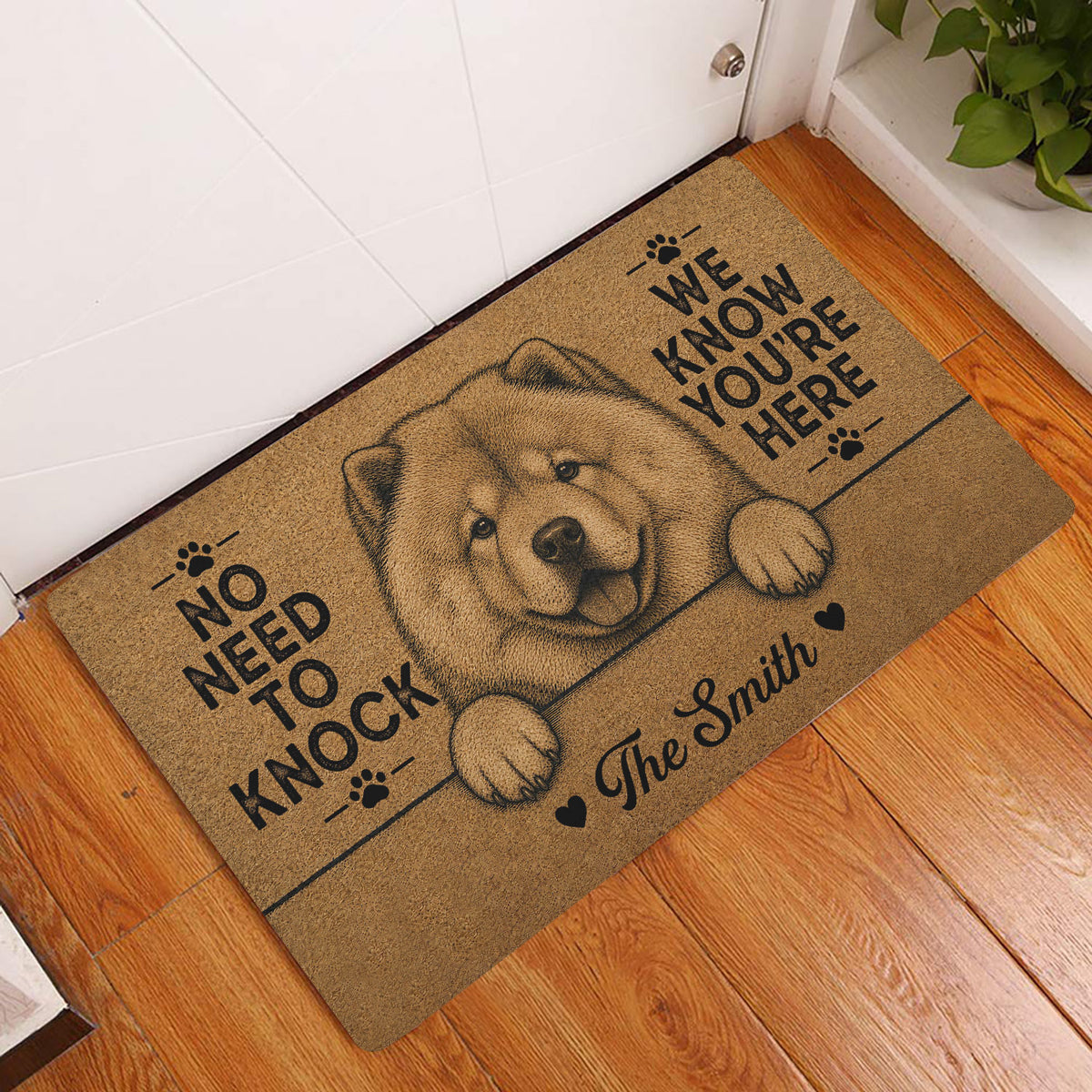 Chow Chow doormat displayed inside an entryway on a warm wood floor beside a white door