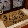 Chow Chow entryway mat shown near a glass door with warm brown artwork and paw print accents