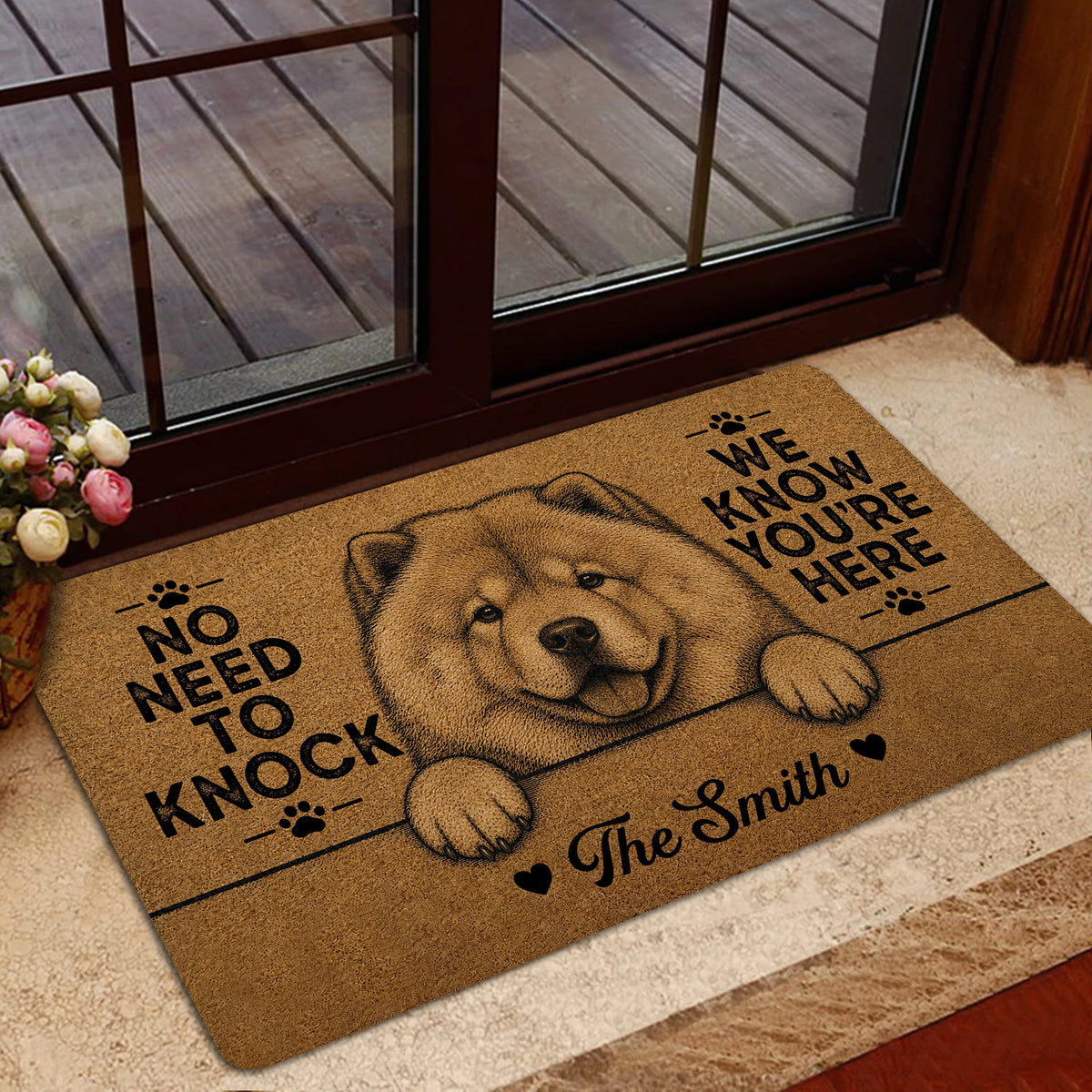 Chow Chow entryway mat shown near a glass door with warm brown artwork and paw print accents