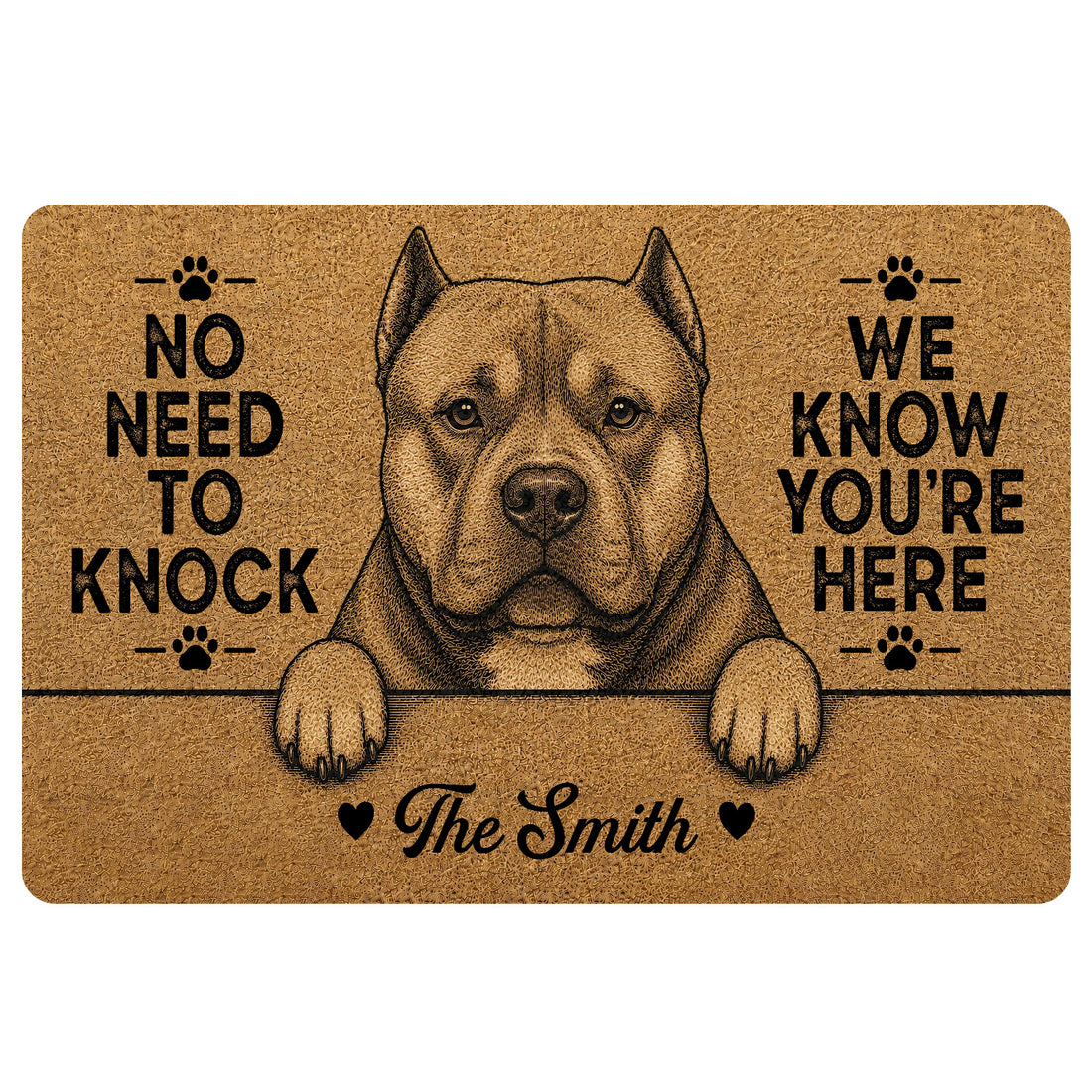American Bully doormat with a detailed tan-and-black dog portrait, paw prints and bold welcome-style lettering