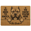 American Bully doormat with a detailed tan-and-black dog portrait, paw prints and bold welcome-style lettering