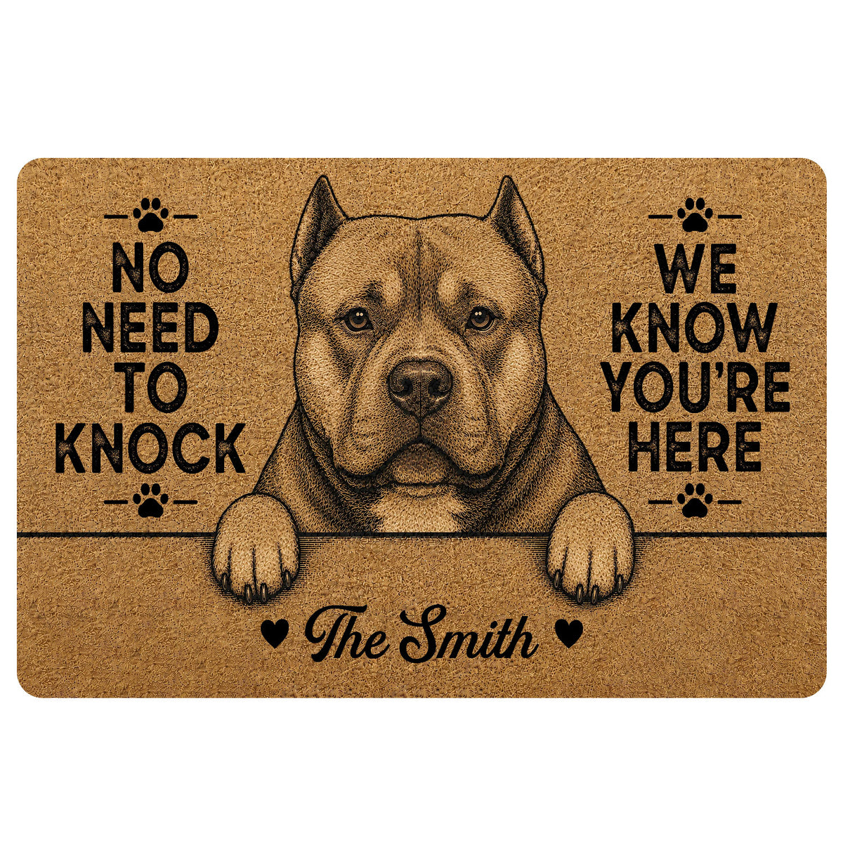 American Bully doormat with a detailed tan-and-black dog portrait, paw prints and bold welcome-style lettering