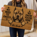 American Bully doormat held indoors, displaying a detailed dog portrait, paw prints and bold black typography