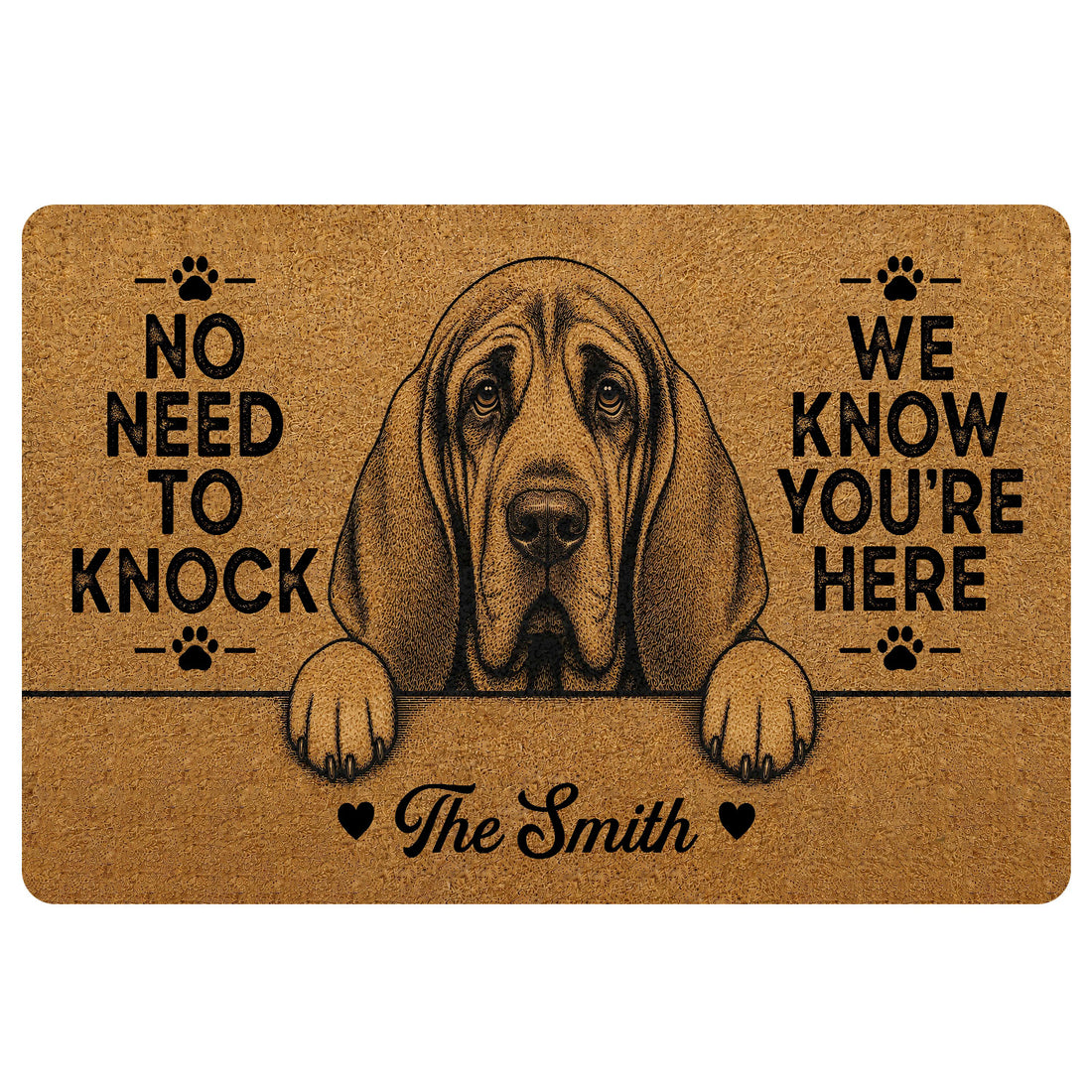 Tan bloodhound doormat with paw prints, humorous welcome message, and illustrated dog portrait