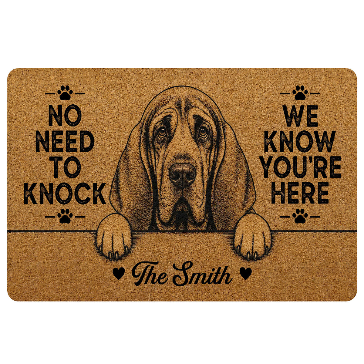 Tan bloodhound doormat with paw prints, humorous welcome message, and illustrated dog portrait