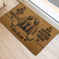 Illustrated bloodhound door mat styled at an indoor entrance on a light wood floor