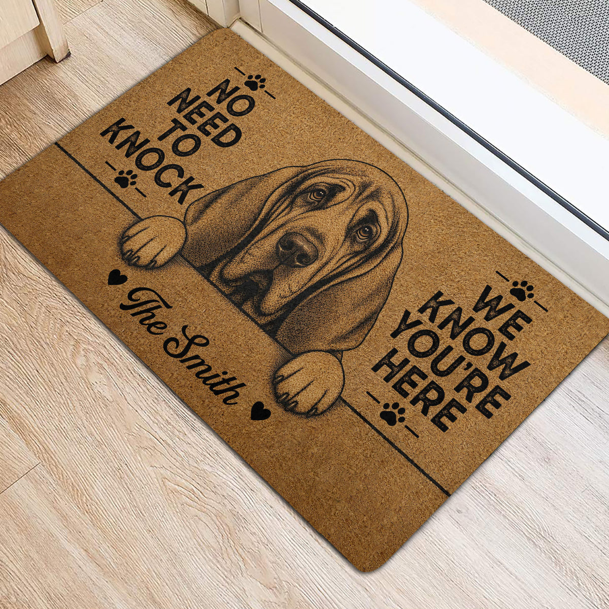 Illustrated bloodhound door mat styled at an indoor entrance on a light wood floor