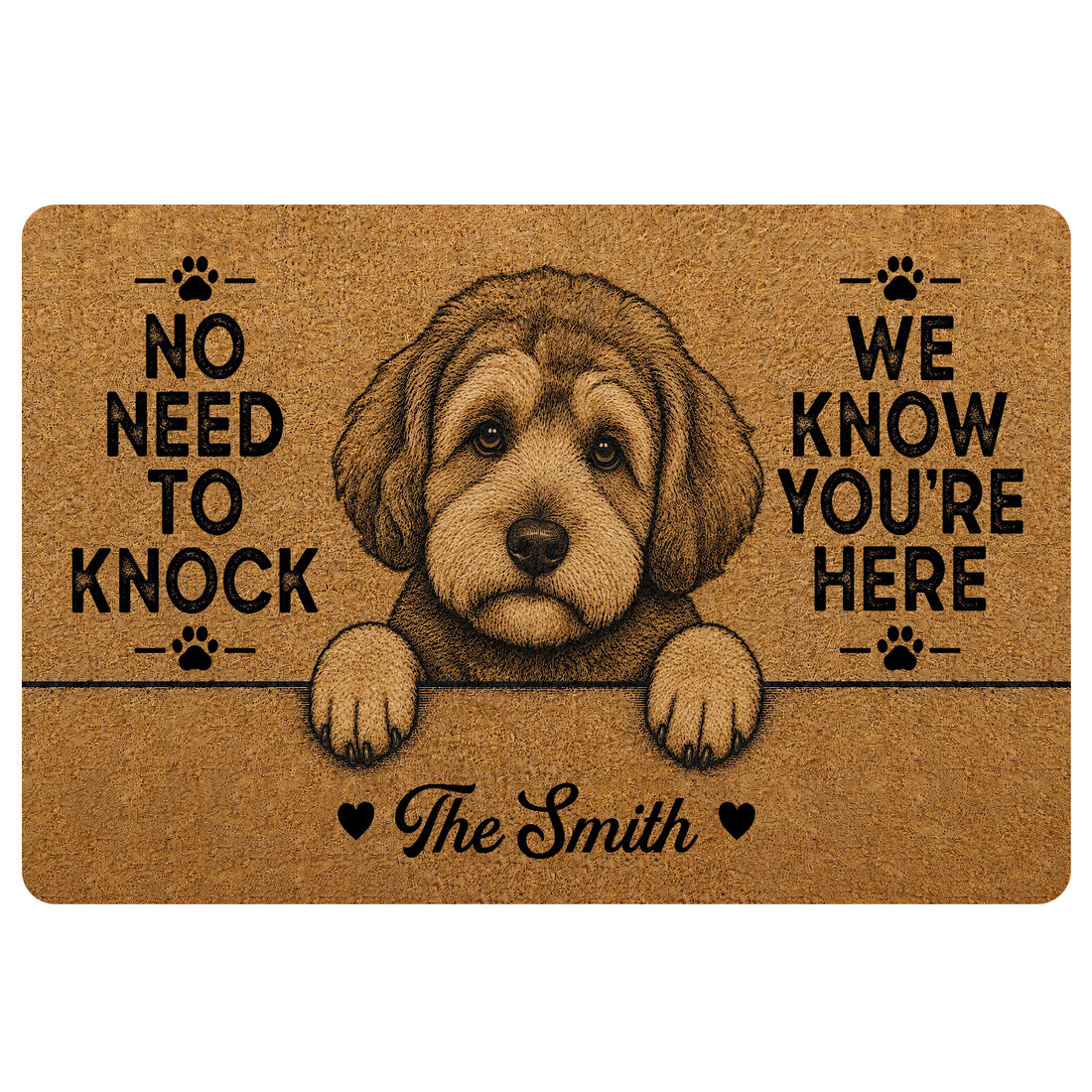 Tan Schnoodle doormat featuring a curly-haired dog portrait, paw prints and bold black entryway lettering