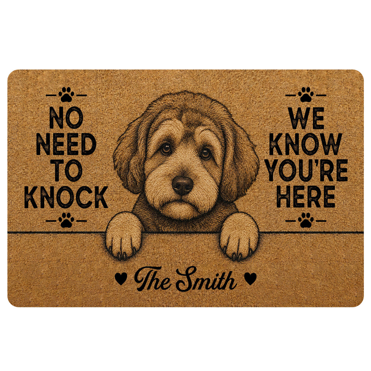 Tan Schnoodle doormat featuring a curly-haired dog portrait, paw prints and bold black entryway lettering