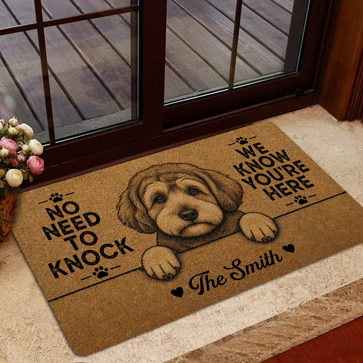 Schnoodle entryway mat shown beside a glass door in a welcoming home interior