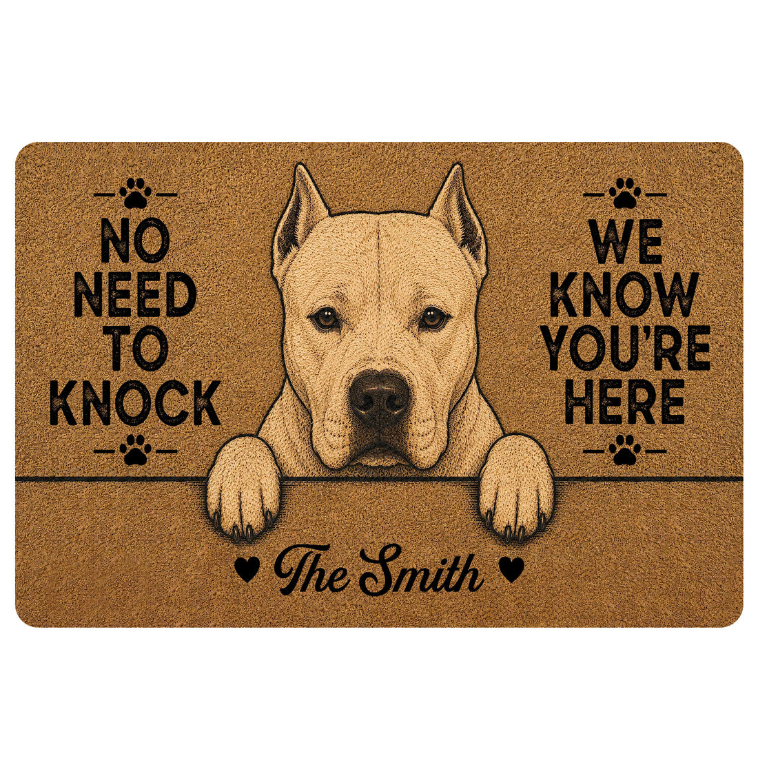 Dogo Argentino doormat with a white dog portrait, paw prints, and bold welcome message in warm brown tones